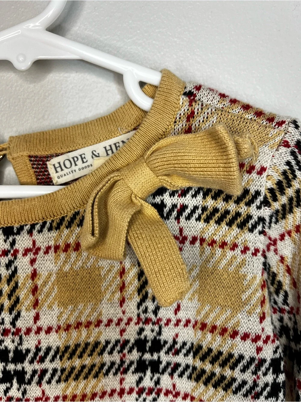 Hope & Henry Tan Organic Cotton Plaid Knit Dress with Bow Girl’s 6